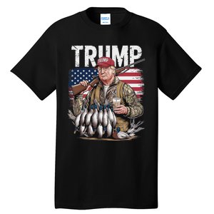 Retro Trump Hunting Duck Hello Hunting Camo Hunting Us Flag Tall T-Shirt