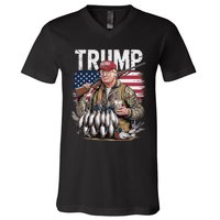 Retro Trump Hunting Duck Hello Hunting Camo Hunting Us Flag V-Neck T-Shirt