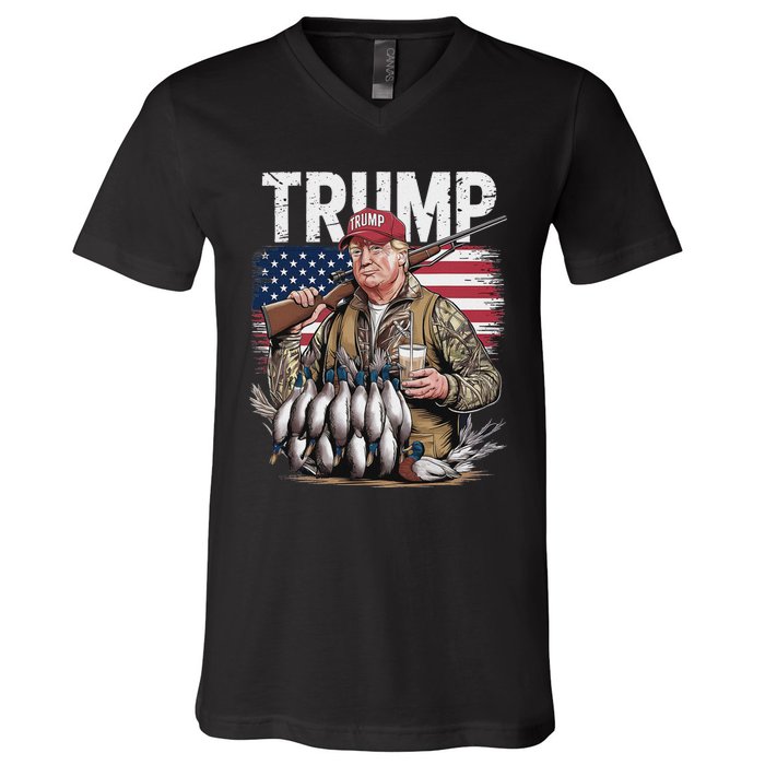 Retro Trump Hunting Duck Hello Hunting Camo Hunting Us Flag V-Neck T-Shirt