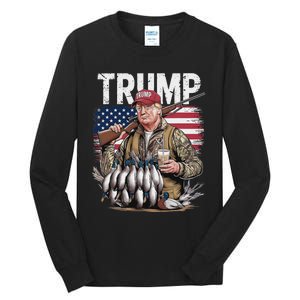 Retro Trump Hunting Duck Hello Hunting Camo Hunting Us Flag Tall Long Sleeve T-Shirt