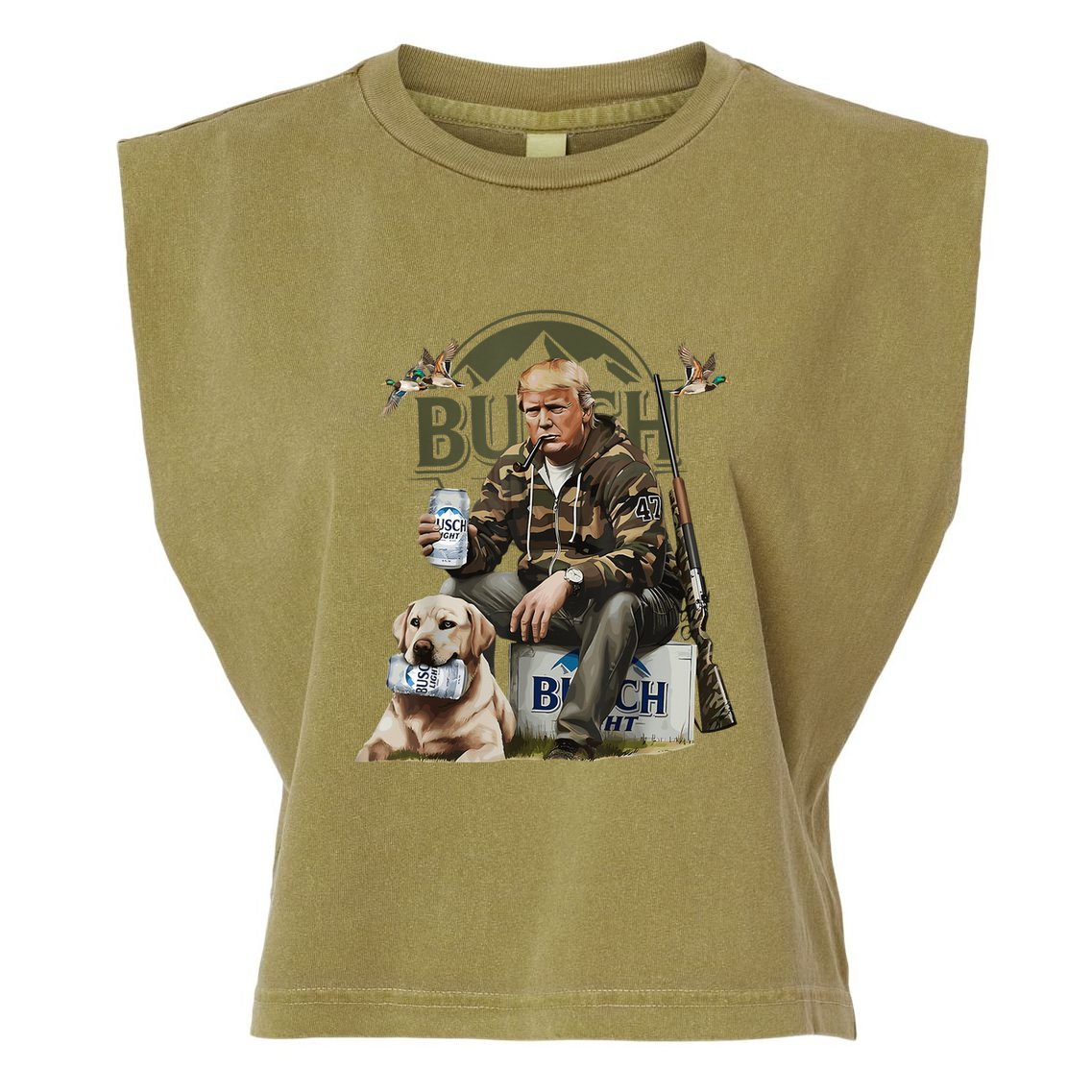 Retro Trump Hunting Deer Funny Beer Drinking Beer Hunting Garment-Dyed Women's Muscle Tee