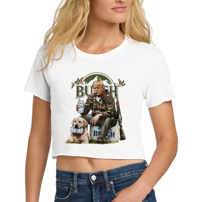 Retro Trump Hunting Deer Funny Beer Drinking Beer Hunting Women's Crop Top Tee