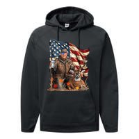 Retro Trump Hunting Deer Funny Beer Drinking Beer Hunting Performance Fleece Hoodie