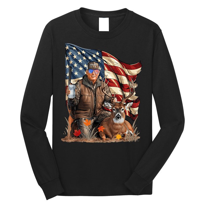 Retro Trump Hunting Deer Funny Beer Drinking Beer Hunting Long Sleeve Shirt