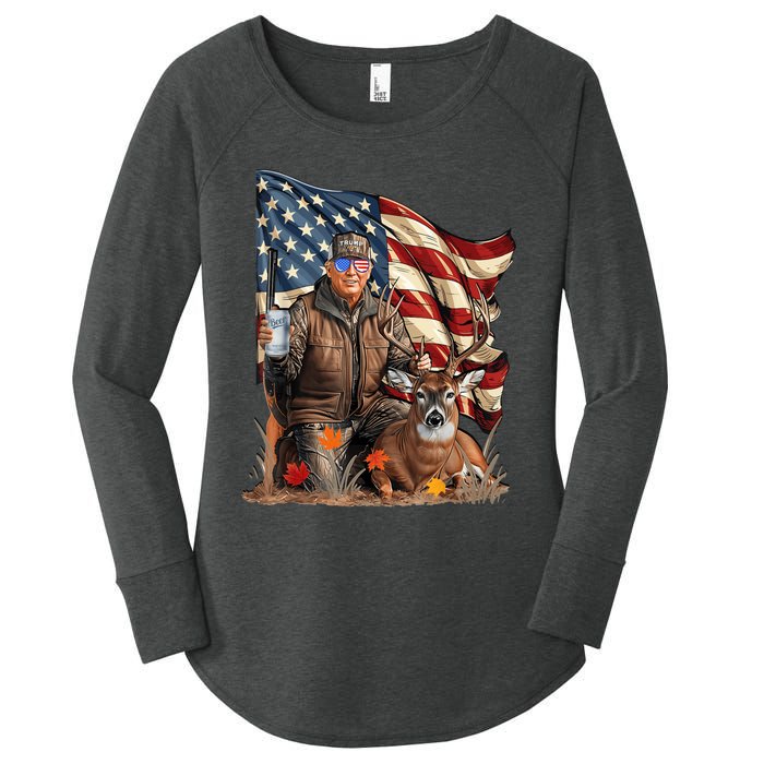 Retro Trump Hunting Deer Funny Beer Drinking Beer Hunting Women's Perfect Tri Tunic Long Sleeve Shirt