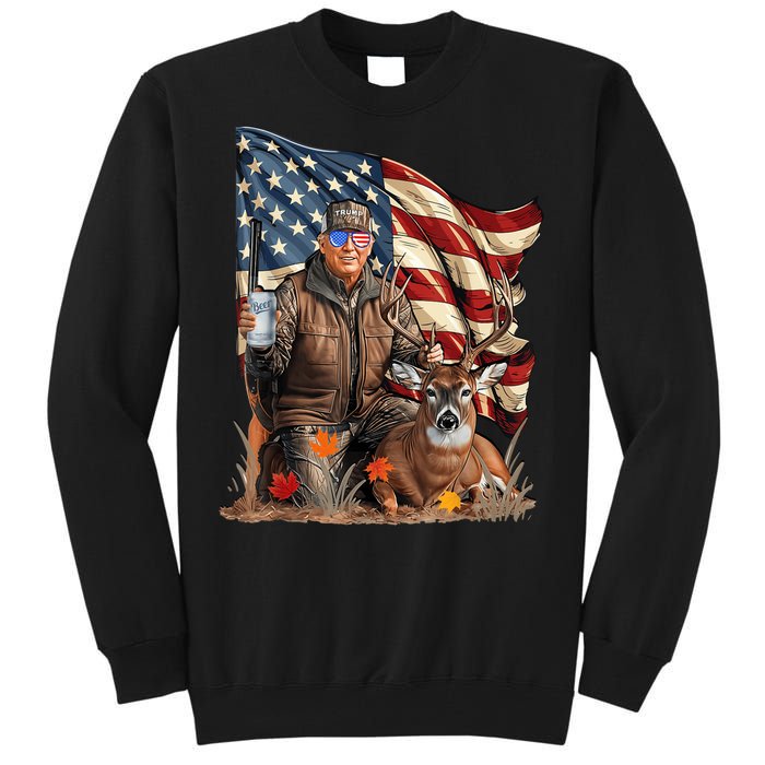 Retro Trump Hunting Deer Funny Beer Drinking Beer Hunting Tall Sweatshirt