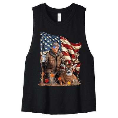 Retro Trump Hunting Deer Funny Beer Drinking Beer Hunting Women's Racerback Cropped Tank