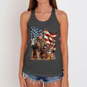 Retro Trump Hunting Deer Funny Beer Drinking Beer Hunting Women's Knotted Racerback Tank