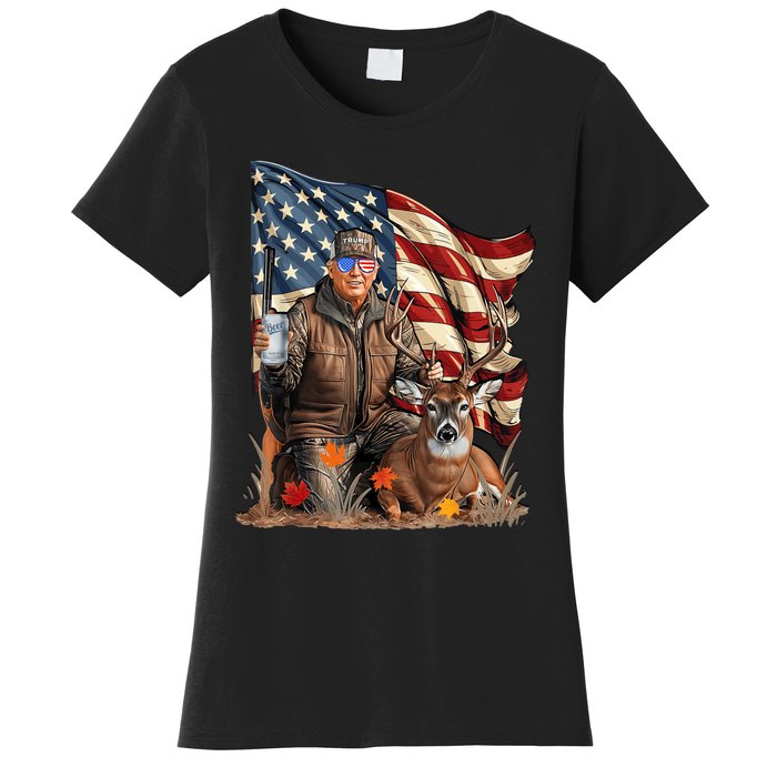 Retro Trump Hunting Deer Funny Beer Drinking Beer Hunting Women's T-Shirt