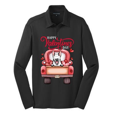 Red Truck Happy Valentines Day Bull Terrier Dog Hearts Gift Silk Touch Performance Long Sleeve Polo