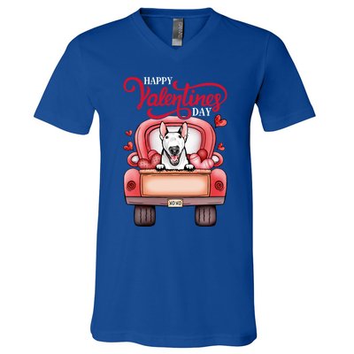 Red Truck Happy Valentines Day Bull Terrier Dog Hearts Gift V-Neck T-Shirt