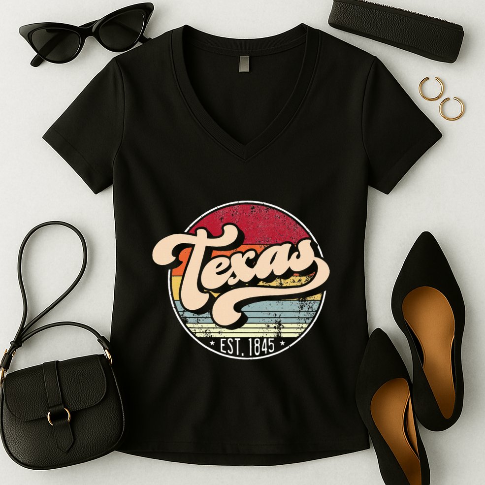 Retro Texas Home State Tx Cool 70s Style Sunset Women's V-Neck T-Shirt