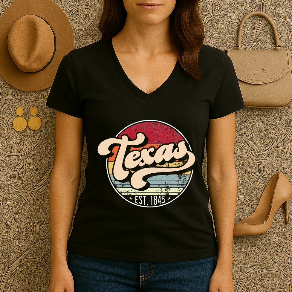 Retro Texas Home State Tx Cool 70s Style Sunset Women's V-Neck T-Shirt