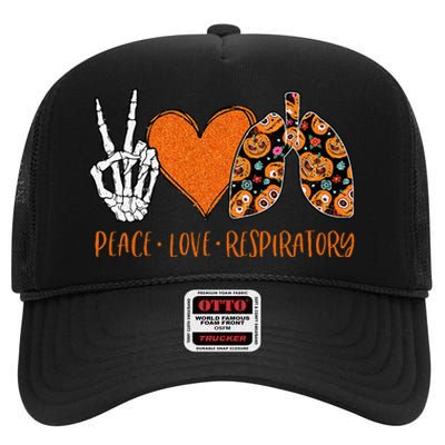 Respiratory Therapist Halloween Costume Peace & Love Skeleton High Crown Mesh Back Trucker Hat