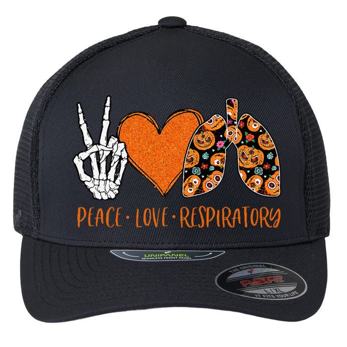 Respiratory Therapist Halloween Costume Peace & Love Skeleton Flexfit Unipanel Trucker Cap