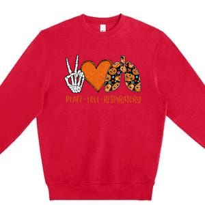 Respiratory Therapist Halloween Costume Peace & Love Skeleton Premium Crewneck Sweatshirt