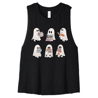 Retro Teacher Halloween Ghost Read More Books Women's Racerback Cropped Tank