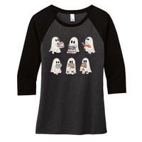 Retro Teacher Halloween Ghost Read More Books Women's Tri-Blend 3/4-Sleeve Raglan Shirt