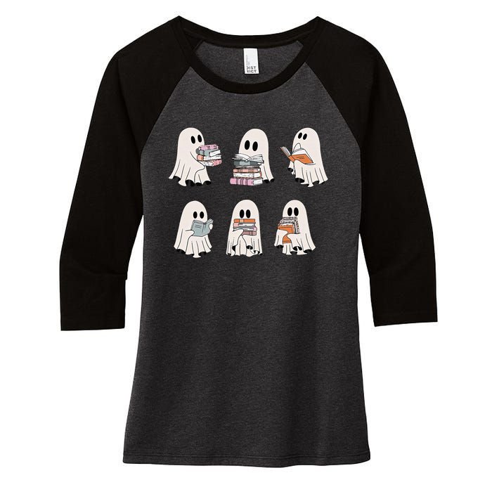 Retro Teacher Halloween Ghost Read More Books Women's Tri-Blend 3/4-Sleeve Raglan Shirt