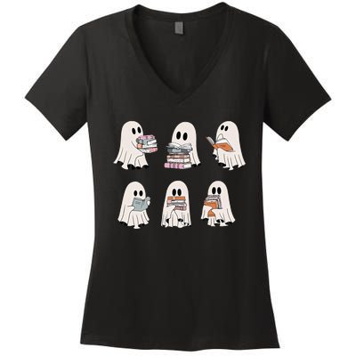 Retro Teacher Halloween Ghost Read More Books Women's V-Neck T-Shirt