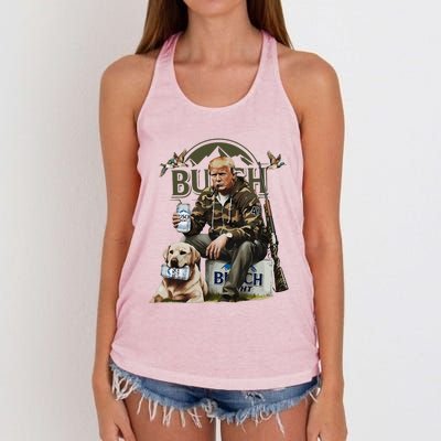 Retro Trump Hunting Deer Funny Beer Drinking Beer Hunting Women's Knotted Racerback Tank