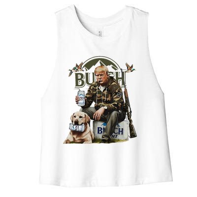 Retro Trump Hunting Deer Funny Beer Drinking Beer Hunting Women's Racerback Cropped Tank