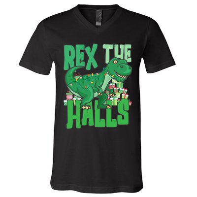 Rex The Halls Dinosaur Christmas V-Neck T-Shirt