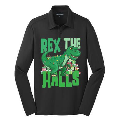 Rex The Halls Dinosaur Christmas Silk Touch Performance Long Sleeve Polo