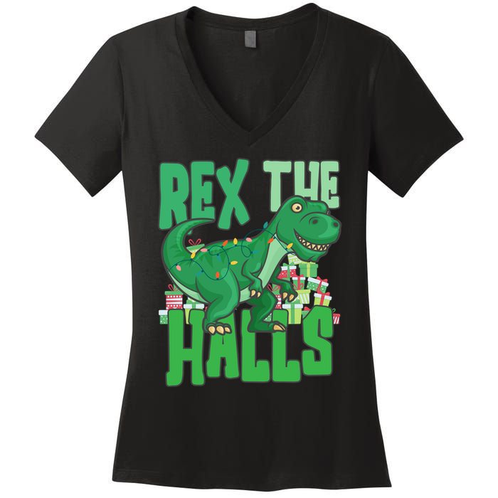Rex The Halls Dinosaur Christmas Women's V-Neck T-Shirt