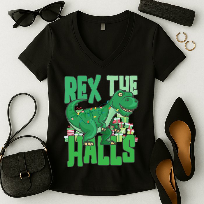 Rex The Halls Dinosaur Christmas Women's V-Neck T-Shirt