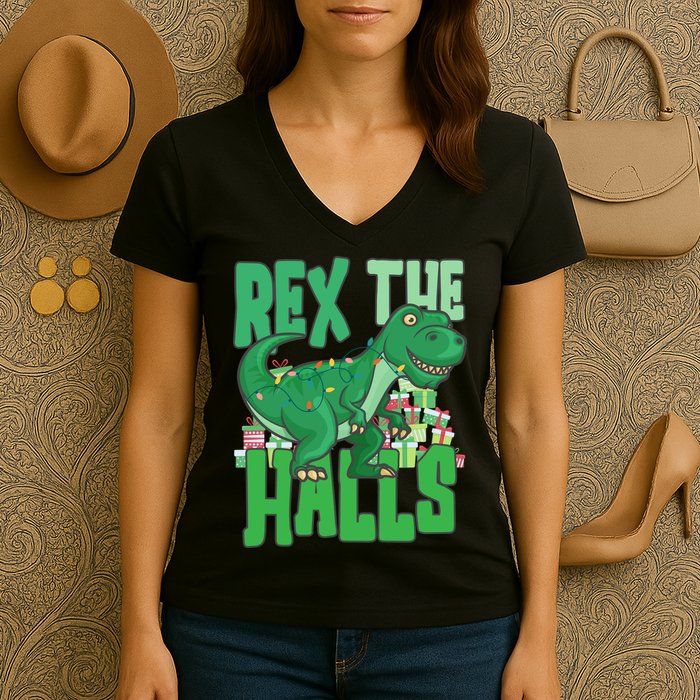 Rex The Halls Dinosaur Christmas Women's V-Neck T-Shirt