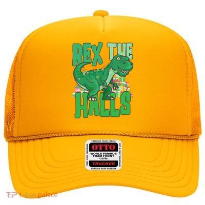 Rex The Halls Dinosaur Christmas High Crown Mesh Back Trucker Hat