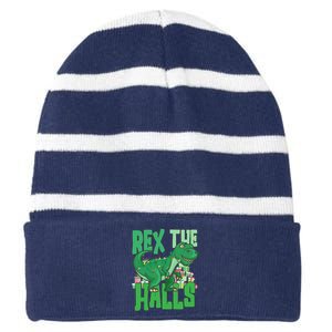 Rex The Halls Dinosaur Christmas Striped Beanie with Solid Band