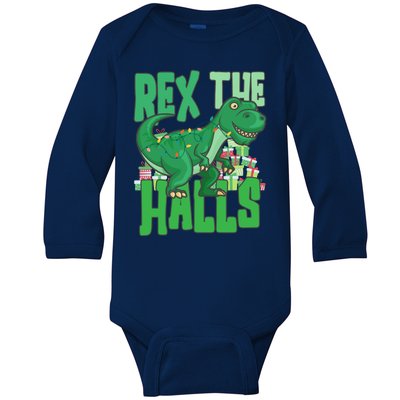 Rex The Halls Dinosaur Christmas Baby Long Sleeve Bodysuit