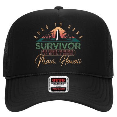 Road To Hana Survivor Curvy Palm Maui Hawaii Lover High Crown Mesh Back Trucker Hat