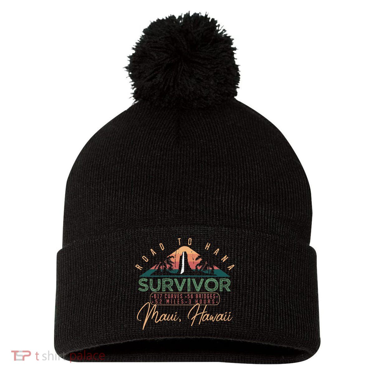 Road To Hana Survivor Curvy Palm Maui Hawaii Lover Pom Pom 12in Knit Beanie