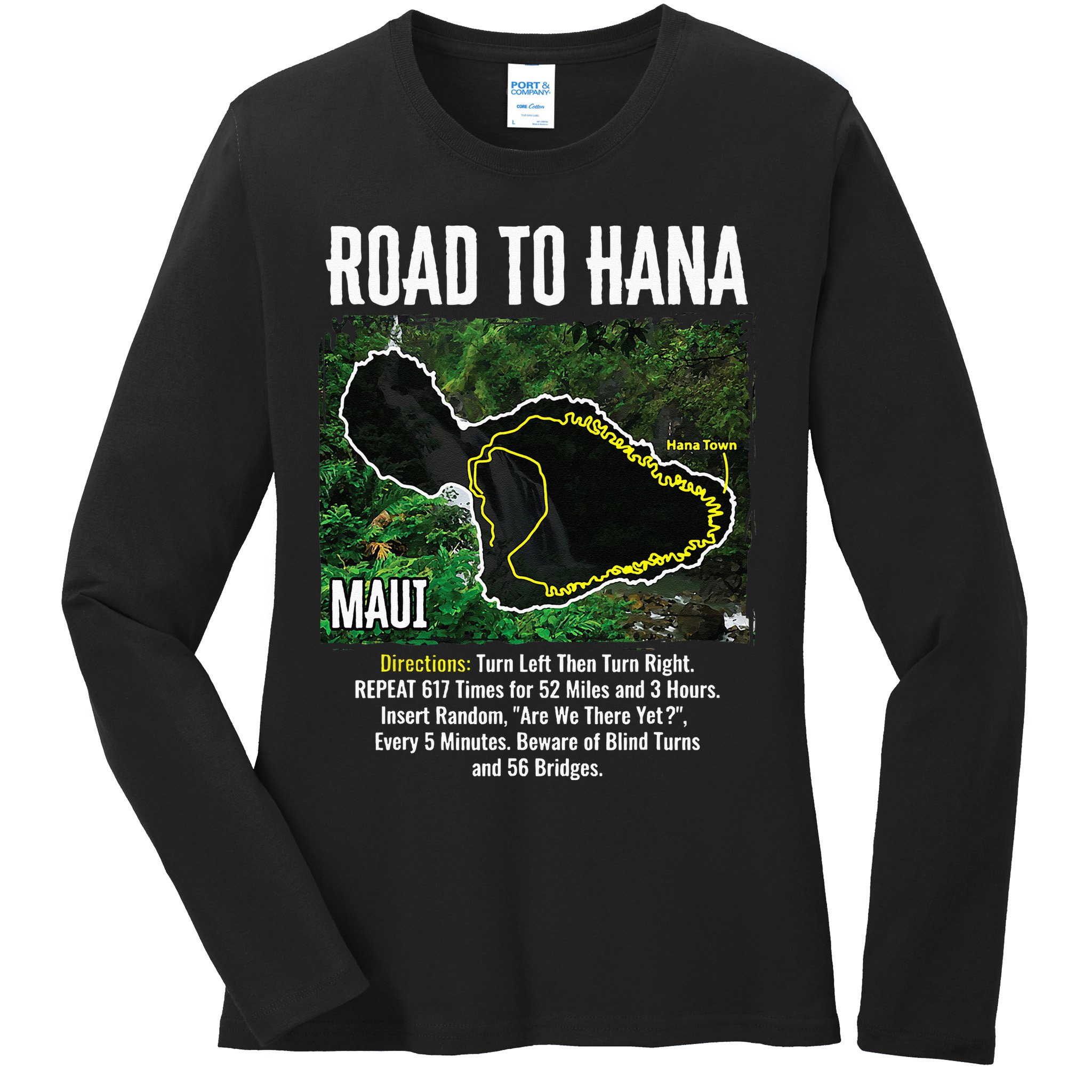 Road To Hana Map Maui Island Surfing Hawaiian Beach Summer Ladies Long Sleeve Shirt