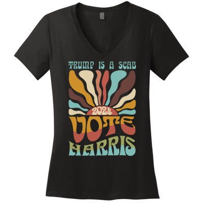 Retro Trump Is A Scab Vote Harris Funny Harris Kamala Trump Women's V-Neck T-Shirt