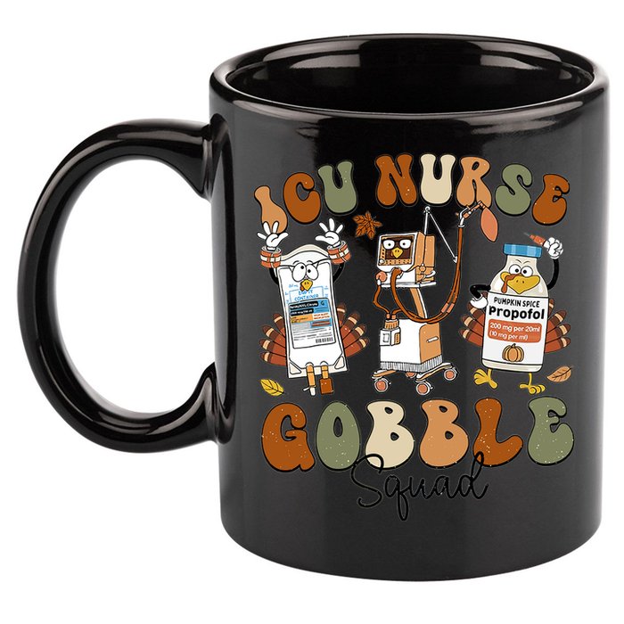 Retro Thanksgiving Icu Nurse Gobble Squad Turkey Autumn Rn Gift 11oz C Handle Ceramic Mug
