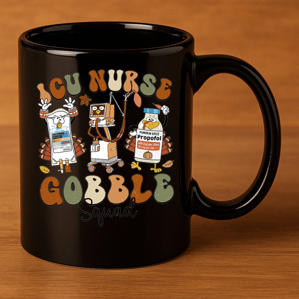 Retro Thanksgiving Icu Nurse Gobble Squad Turkey Autumn Rn Gift 11oz C Handle Ceramic Mug