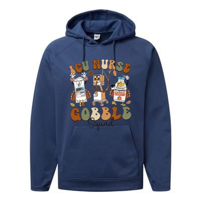 Retro Thanksgiving Icu Nurse Gobble Squad Turkey Autumn Rn Gift Performance Fleece Hoodie