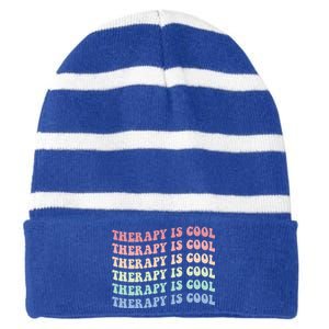 Retro Therapy Is Cool Funny Gift Cute Occupational Therapy Funny Gift Striped Beanie with Solid Band