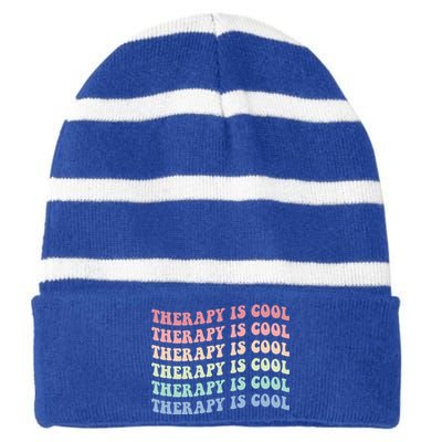 Retro Therapy Is Cool Funny Gift Cute Occupational Therapy Funny Gift Striped Beanie with Solid Band