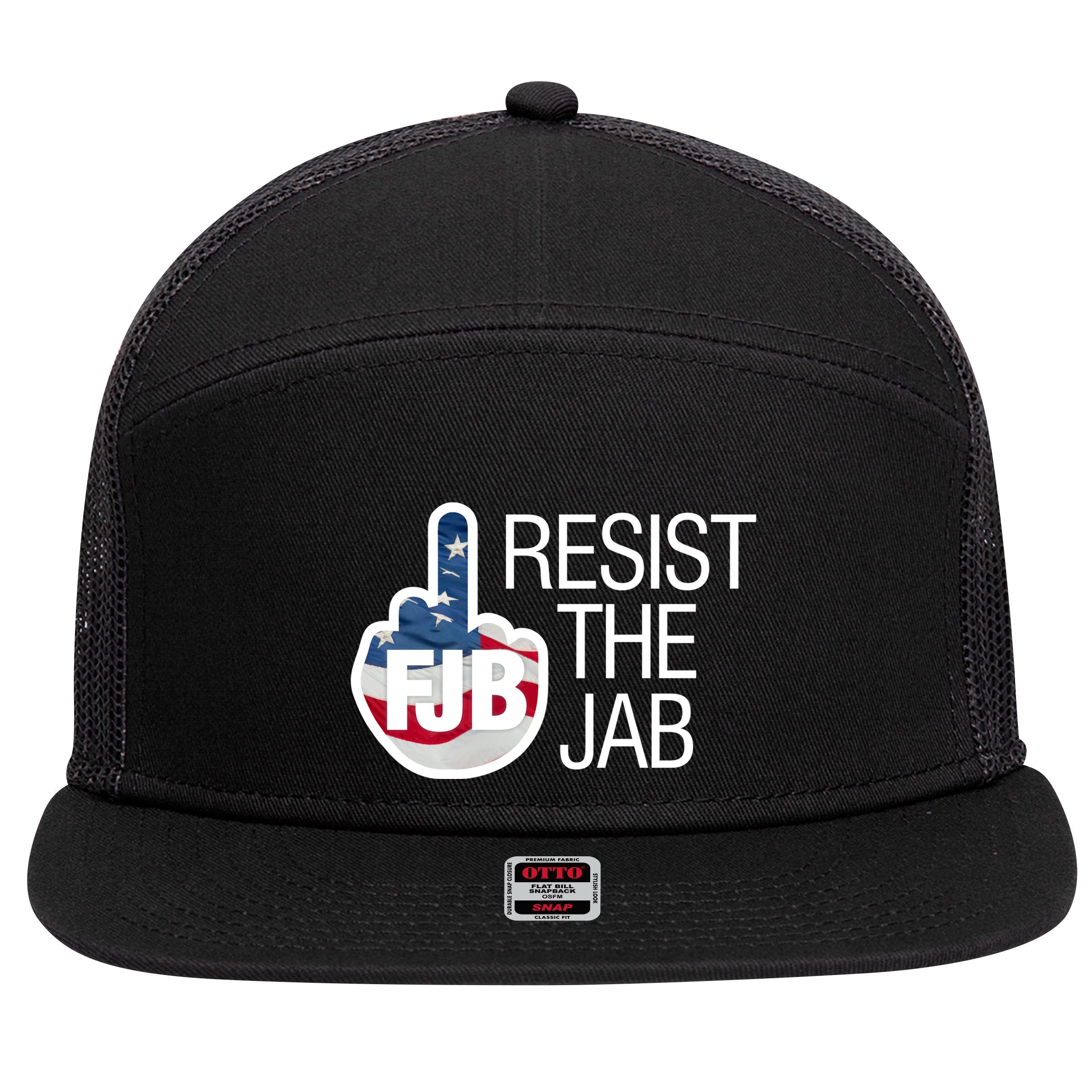 Resist The Jab Flag Logo Kitchenware 7 Panel Mesh Trucker Snapback Hat