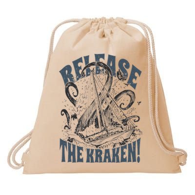 Release the Kraken, Vintage Retro hand drawn Octopus Drawstring Bag