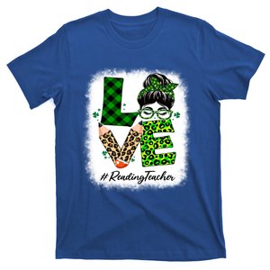 Reading Teacher Love Bleached Messy Bun St Patricks Day Gift T-Shirt