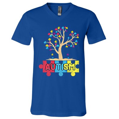 Retro Tree Life Autism Awareness Month Family Matching Gift V-Neck T-Shirt