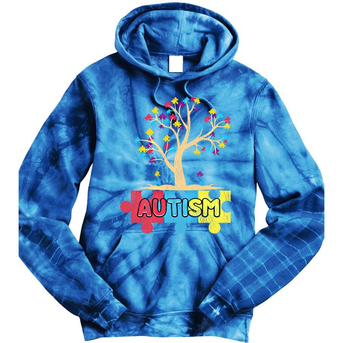 Retro Tree Life Autism Awareness Month Family Matching Gift Tie Dye Hoodie