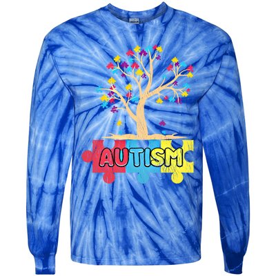 Retro Tree Life Autism Awareness Month Family Matching Gift Tie-Dye Long Sleeve Shirt