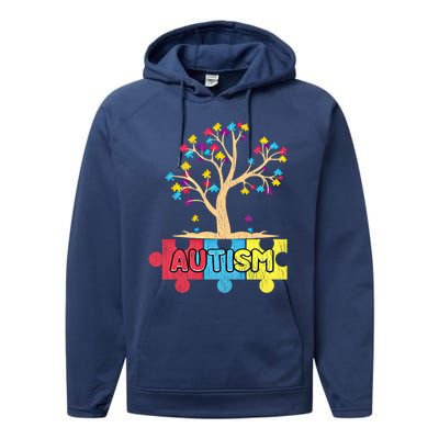 Retro Tree Life Autism Awareness Month Family Matching Gift Performance Fleece Hoodie